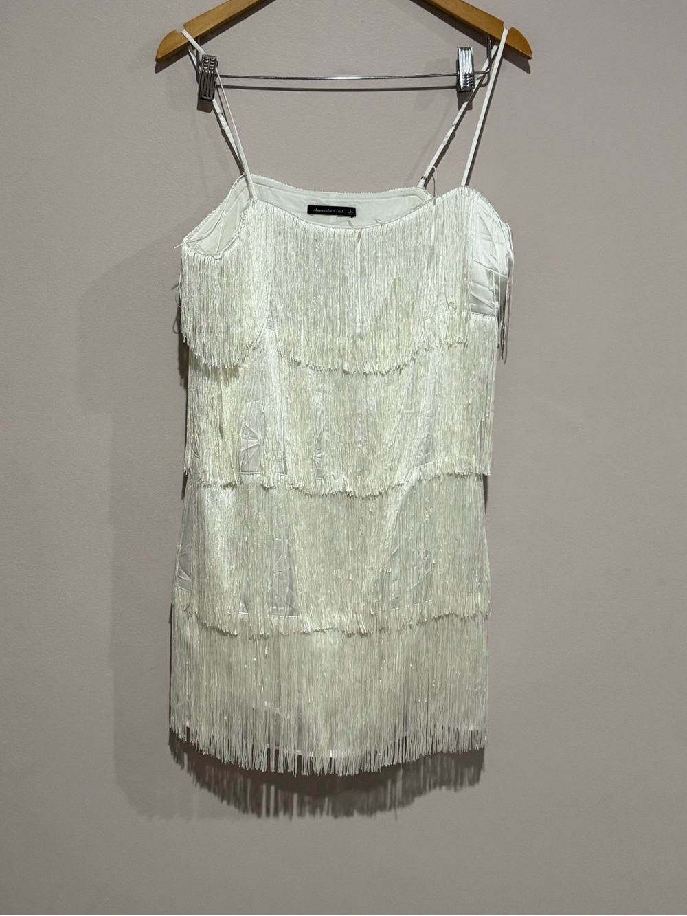 Abercrombie & Fitch White Satin Fringe Layered Slip Mini Dress L Square Neck